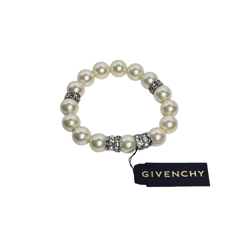 Givenchy Silver Tone, Faux Pearl And Clear Rhinestone Stretch Bracelet (6247) - Picture 2 of 5